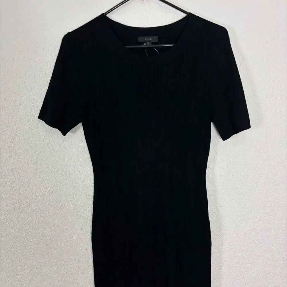 NWT J.‎ Crew Black Ribbed Knit Short Sleeve Ruffle Hem Knee Length Dress Size M